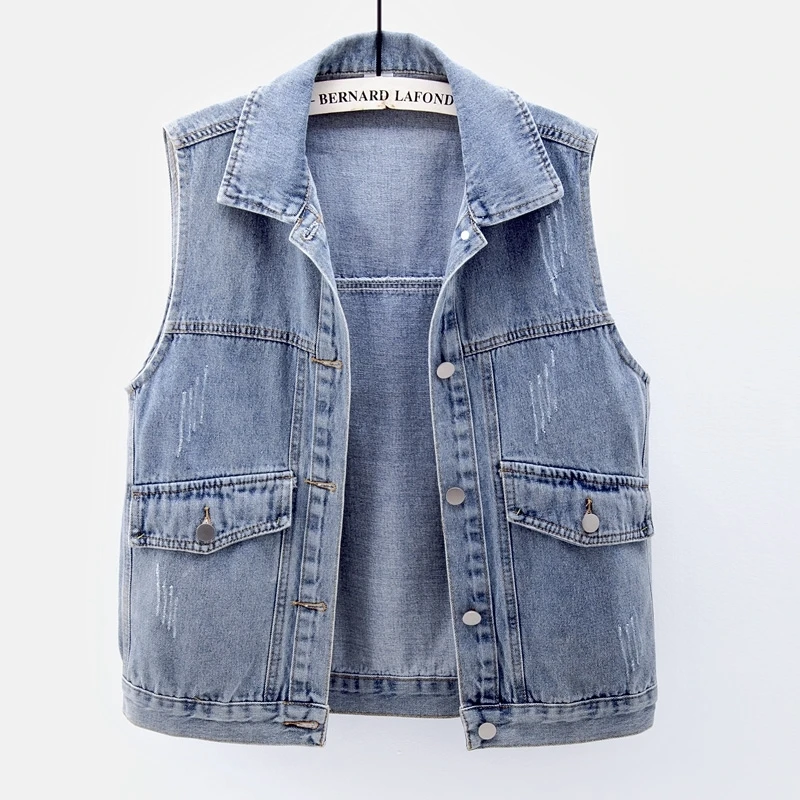 

Korean Denim Vest Women Vintage Blue Waistcoat Loose Short Sleeveless Jacket Coat Summer New Frayed Big Pocket Jeans Vest Female
