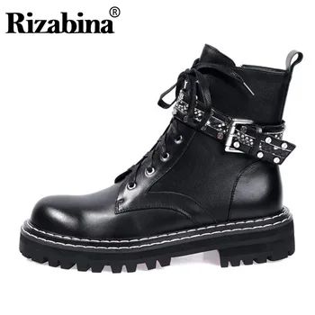 

RIZABINA Genuine Leather Women Ankle Boots Zipper Round Toe Thick Sole Leisure Shoes Daily Punk Women Footwear Size 34-42