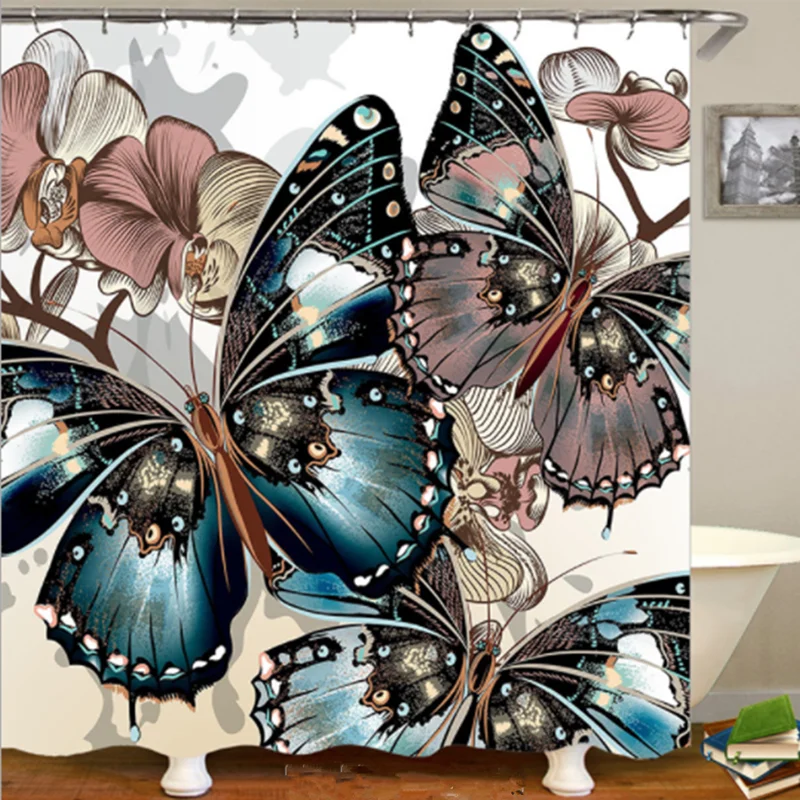 

European Style Butterfly Printing Shower Curtain Bathroom Waterproof Mildewproof Polyester Fabrics Shower Curtain For Home Decor