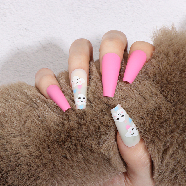 fake nail with design Detachable Pink Cloud Coffin False Nails Wearable Ballerina Fake Nails Full Cover Nail Tips