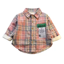 Детская одежда для маленьких мальчиков; Модная Повседневная теплая универсальная хлопковая бархатная рубашка с длинными рукавами; клетчатая рубашка с кожаным принтом