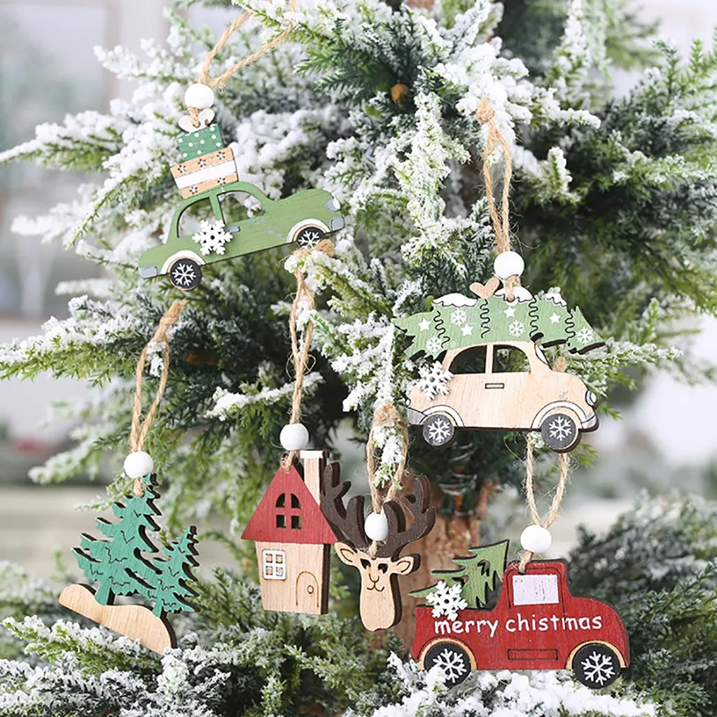 3PCS New Christmas Decorations Wooden Mini Creative Pendants Elk Cabin Car Ornaments Small Tree Hanging Pieces A30923 | Дом и сад