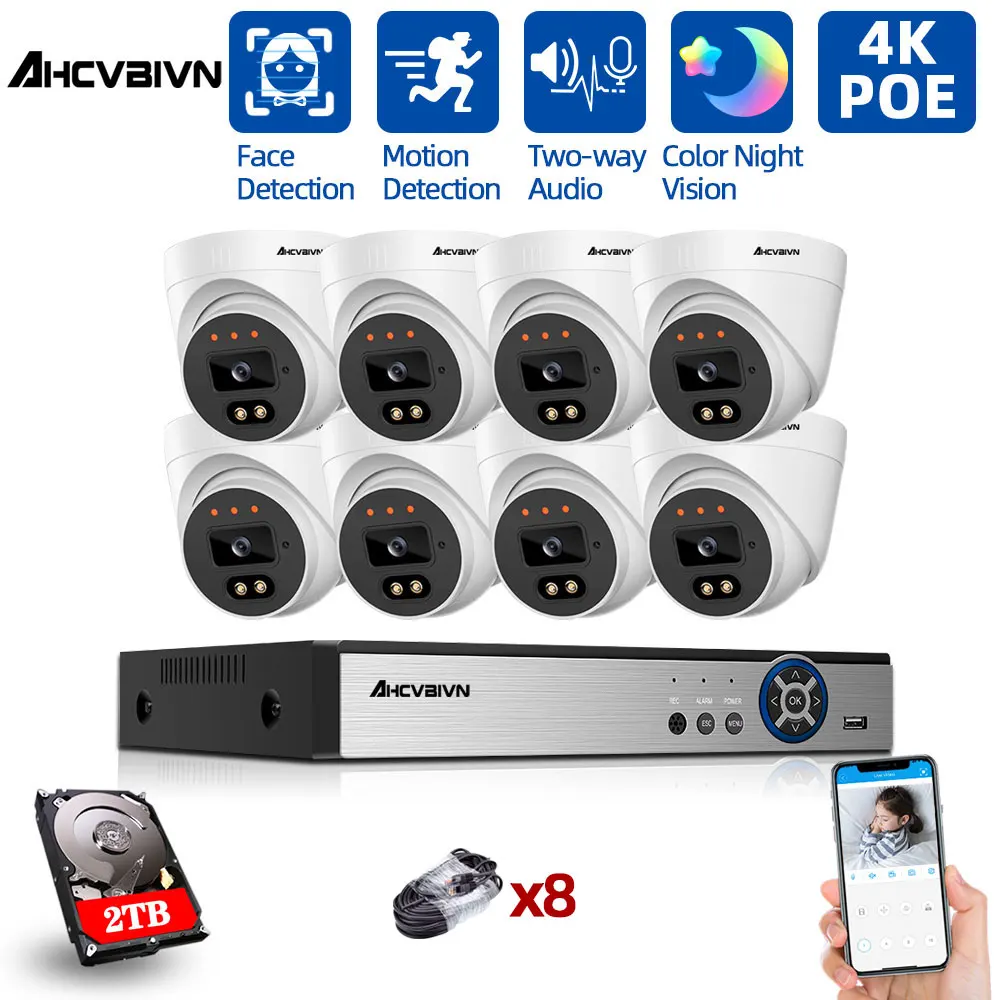 

8CH 8MP Ultra HD CCTV POE Camera Two-way Audio H.265 Kit 4K NVR Outdoor Home Waterproof Video Security Surveillance System Kits