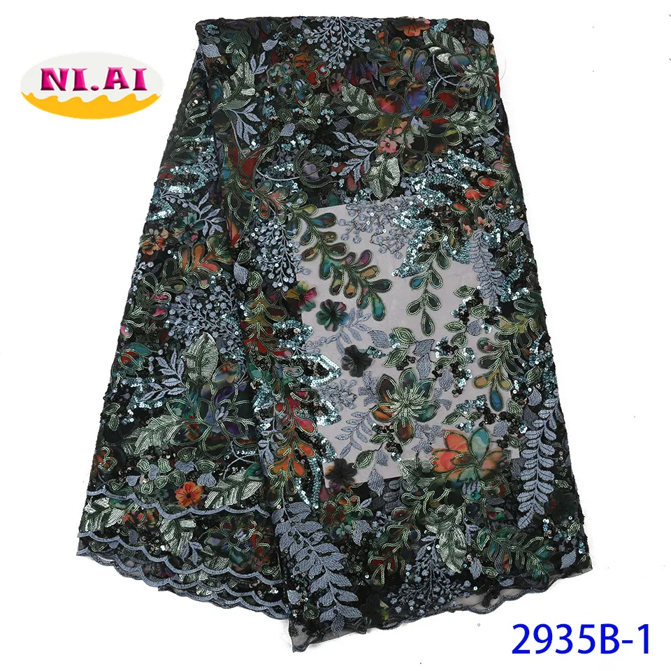 

NA2935B-1 High Quality African organza Lace Fabric With Sequin Sequences Matterial For Nigerian Tulle Lace Sewing Dress 5 Yards