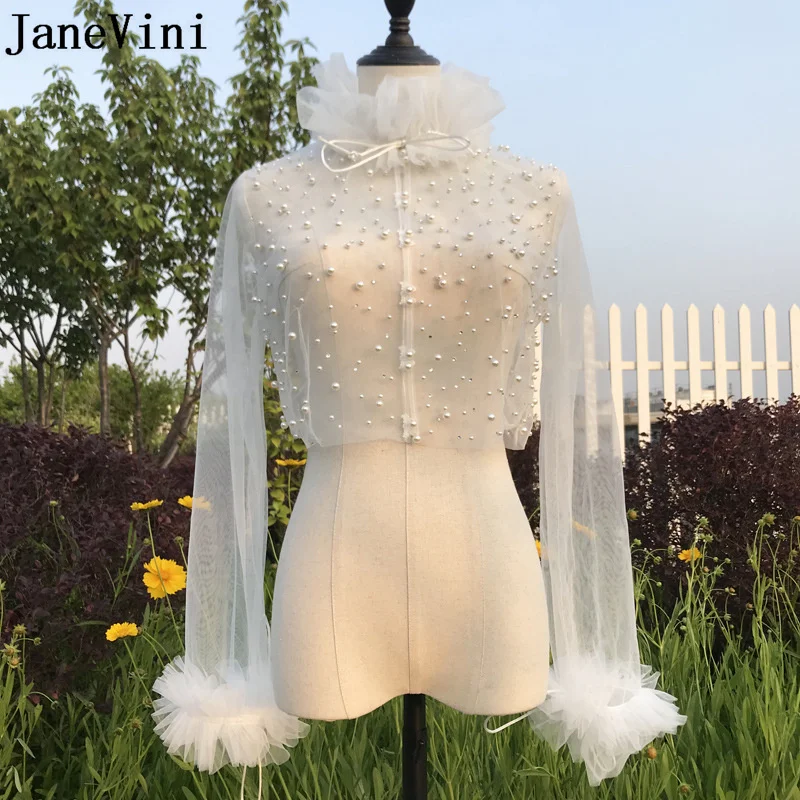 JaneVini 2021 Luxury Pearls Ivory Wedding Wrap Shawl Tulle Shrug Long Sleeve Bolero Fille Bridal Cape Evening Wedding Cover Up