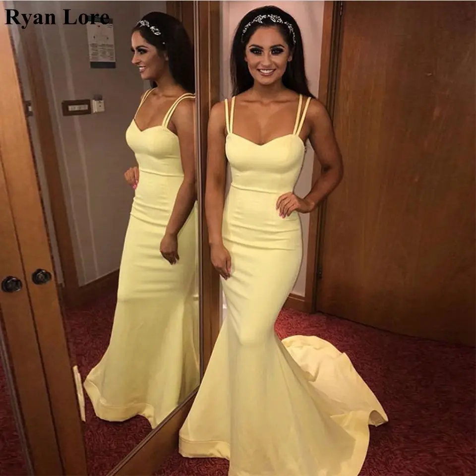 

Mermaid Evening Dresses 2020 Yellow Sexy Spaghetti Straps Robe De Soiree Formal Party Long Prom Gowns Women Vestidos Custom Made