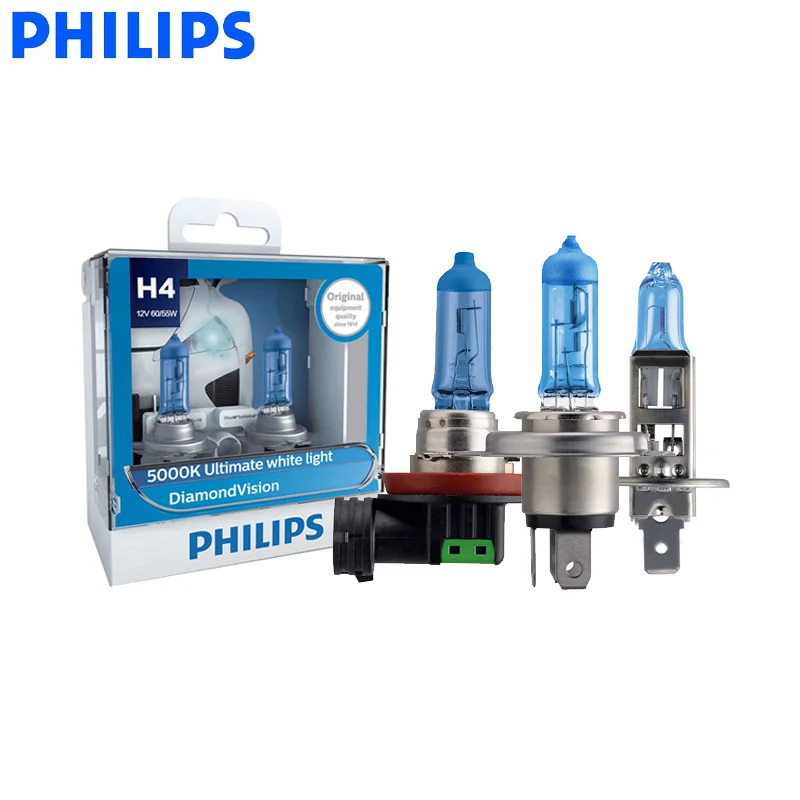 

Philips H1 H4 H7 H8 H11 HB3 HB4 9003 9005 9006 12V Diamond Vision 5000K Car Halogen Head Light Fog Lamps Xenon White Bulbs, Pair