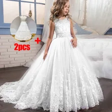 Кружевное платье с цветочным рисунком и длинным шлейфом; вечернее платье для девочек на свадьбу, День рождения; костюм принцессы для первого причастия; платье подружки невесты