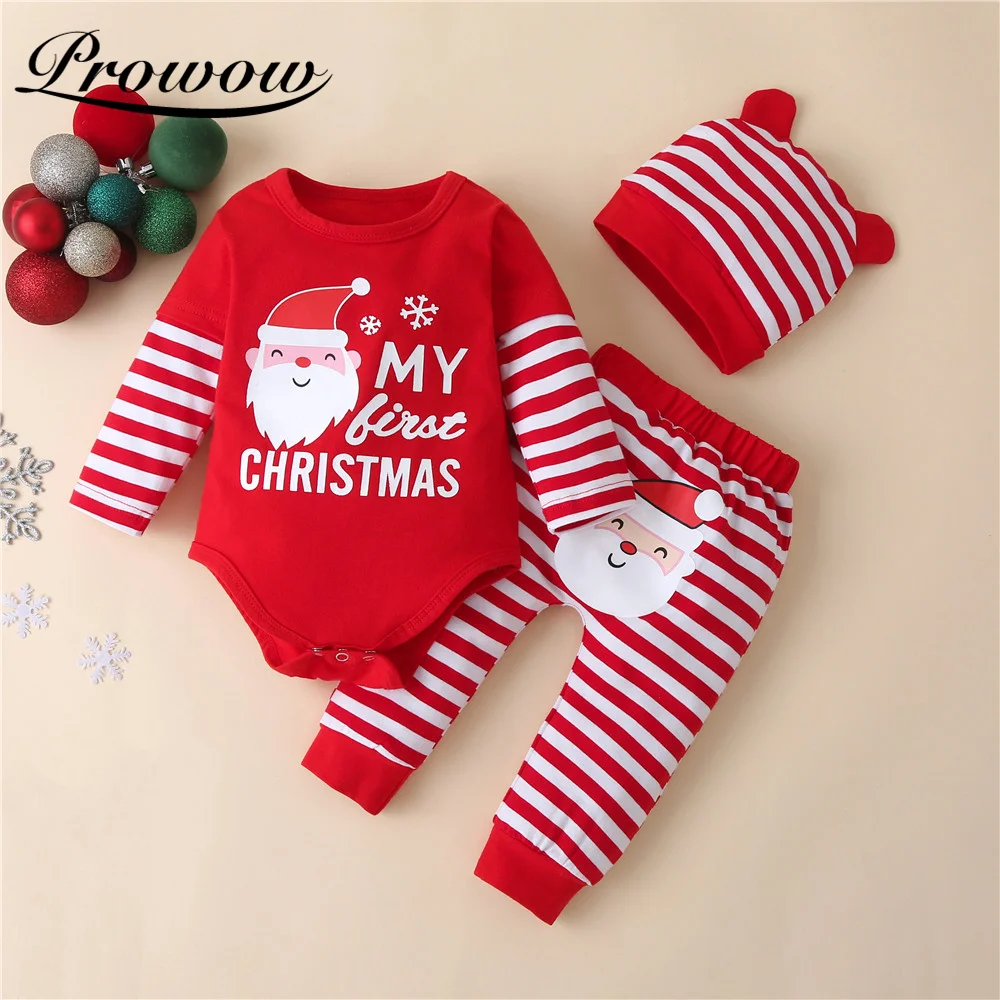 

Prowow My First Christmas Baby Girl Clothes Set Festival Kids Newborn Girls Clothing Striped Baby Bobysuit+Pant+Baby Hat 3 Pcs