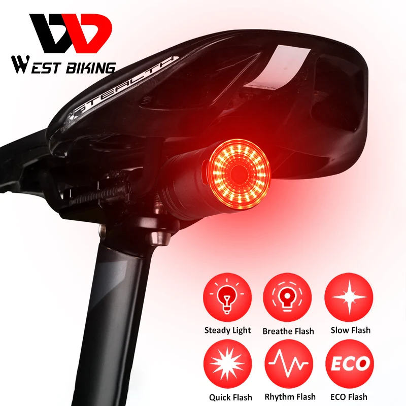 

WEST BIKING Intelligent Bicycle Auto Brake Sensing Light IPX65 Waterproof USB Charging Smart Road Bike Rear Taillights Light