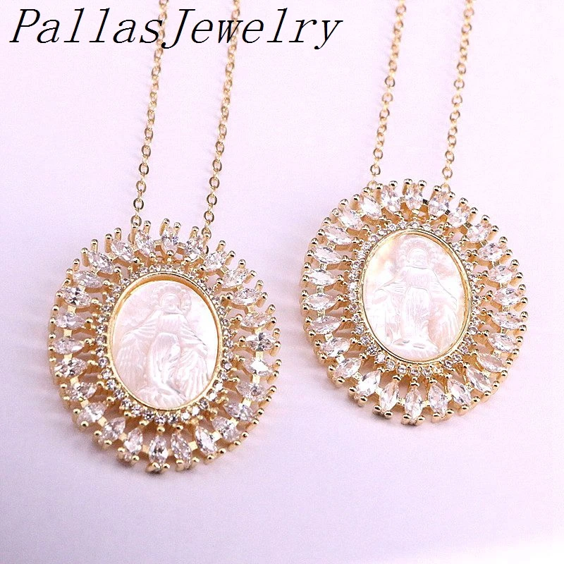 Necklaces 5 шт. микро проложенный прозрачный CZ овальной формы ожерелье девственницы Марии кулон ожерелье Религиозные ювелирные изделия подарок - Окраска металла: Necklaces
