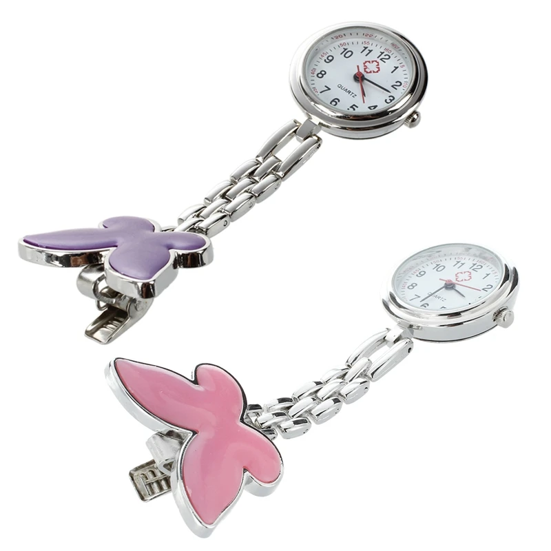 

2Pcs Quartz Movement Clip Nurse Brooch Fob Tunic Pendant Watch - Pink Butterfly & Purple Butterfly