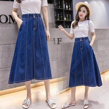 

Dark Blue Retro Swing A Line Denim Midi Skirt For Women High Waist Denim Skirt Female Casual Loose Mid Long Jeans Skirt
