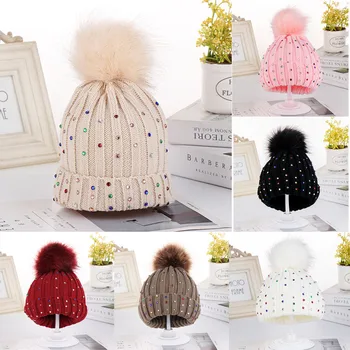 

Children Baby Knitting Wool Hemming Hat Keep Warm Winter Hiarball Rhinestone Cap For 1-6Year Kids Fashion 2020 LS 1213