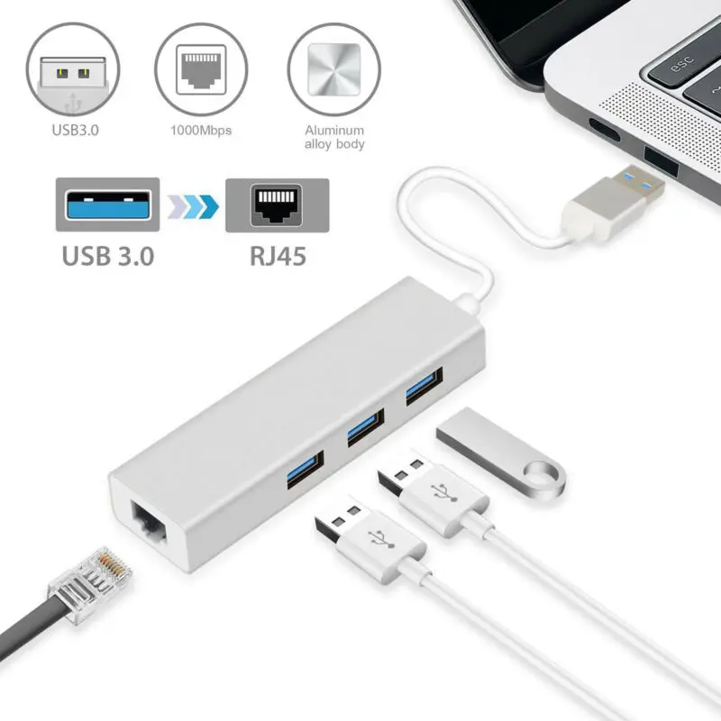 

3 Ports USB 3.0 Gigabit Ethernet Lan RJ45 Network Adapter Hub to 1000Mbps Mac PC