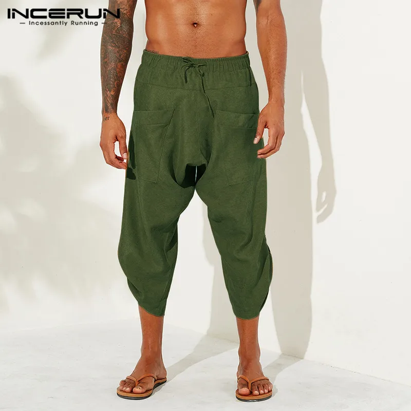 2020 Cotton Linen Men Pants Solid Baggy Joggers Streetwear Casual Drop Crotch Calf Length Trousers Men Retro Harem Pants INCERUN 2020 Cotton Linen Men Pants Solid Baggy Joggers Streetwear Casual Drop Crotch Calf Length Trousers Men Retro Harem Pants INCERUN