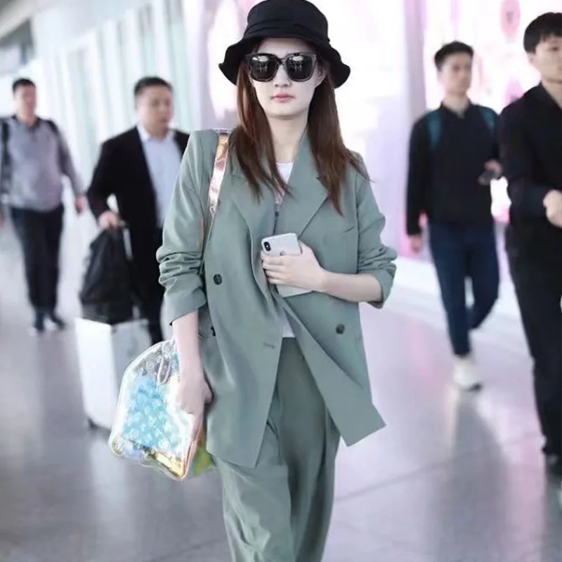 Star Same-style Loose Casual Open-style Casual Heavy-pants Suit Commuter 2019 Notched Double Breasted Jacket Women Coat