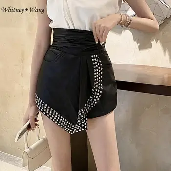 

WHITNEY WANG 2020 Spring Fashion Streetwear Sashes Rivet PU Shorts Women Stylish Faux Leather Shorts Skirt