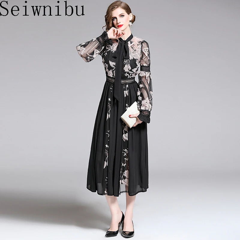High quality women dresses 2019 autumn slim mesh rose embroidery flower long dress sleeve party elegant vestidos maxi | Женская одежда
