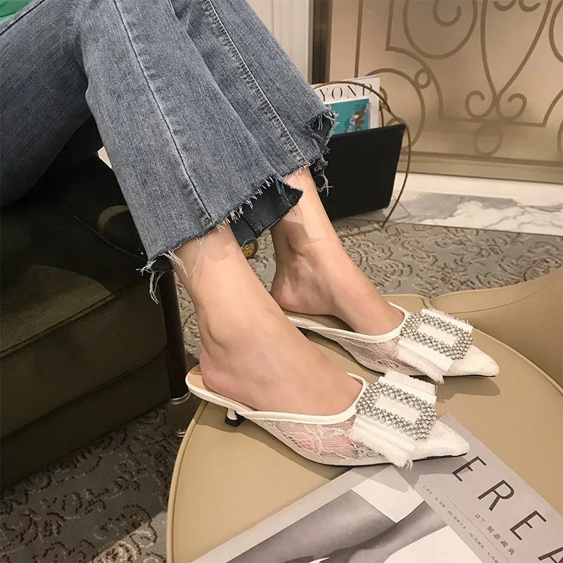 MONMOIRA Kitten Heel Luxury Rhinestone Women Mules Sexy Pointed Toe Heels Shoes Women Elegant Lace Wedding Shoes for Women E0757