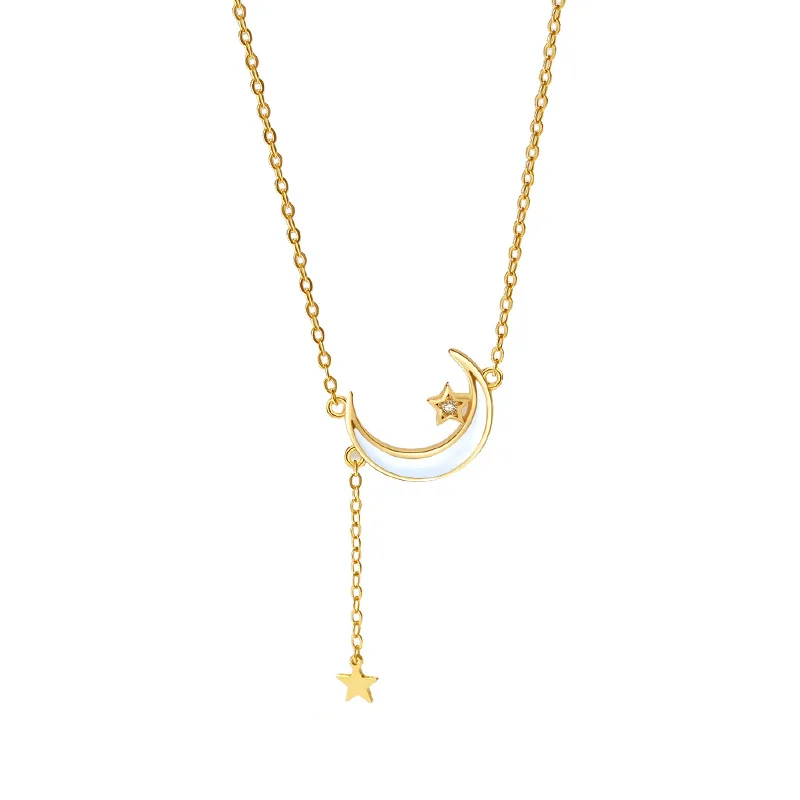 

Korean Moon Meteor Necklace 925 Sterling Silver Cold Wind Fritillaria Pendant Light Luxury Tassel Clavicle Chain Accessories For