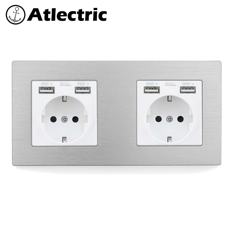 Atlectric DE EU Plug Wall Socket With LED Indicator USB Port Power Adapter Double Socket Power Electrical Outlet Metal Panel