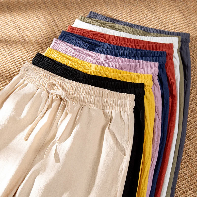 Spring Cotton Linen Pants Plus Size Loose Women Ankle Length Harem Pants Pocket Elastic High Waist Casual Trousers Orange Black