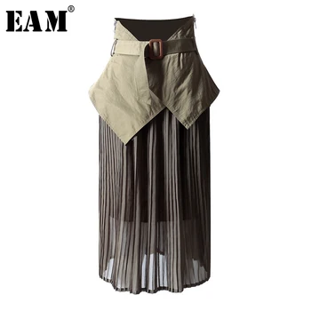 

[EAM] High Waist Mesh Spliced Belt Pleated Asymmetrical Half-body Skirt Black Women Fashion Tide New Spring Autumn 2020 1A409