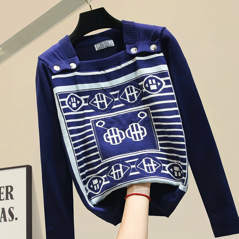 

Sweater Sweaters Women Personality Pattern Square Collar Slim-Fit Button Knit Sweater Shirt Spring Female Jumper Sweter Pull
