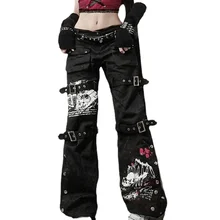 Women Streetwear Punk Style Skull Print Buckle Gothic Dark Cargo Pants Harajuku High Waist Aesthetic Straight Denim Trousers