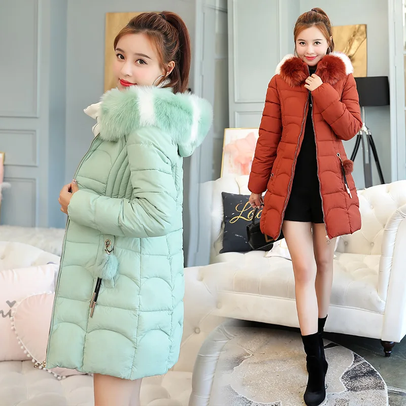 

2019 Winter New Style Fashion Cotton-padded Clothes Mid-length down Jacket Korean-style Hooded Mixed Colors Fur Collar Coat Wome