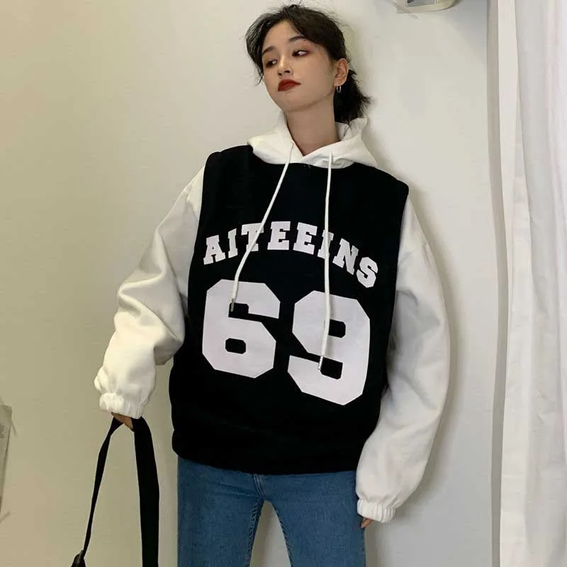 NiceMix Женская Толстовка черная Лоскутная Толстая корейская модная одежда Ulzzang теплые мужские толстовки пуловеры высокого качества уличная одежда