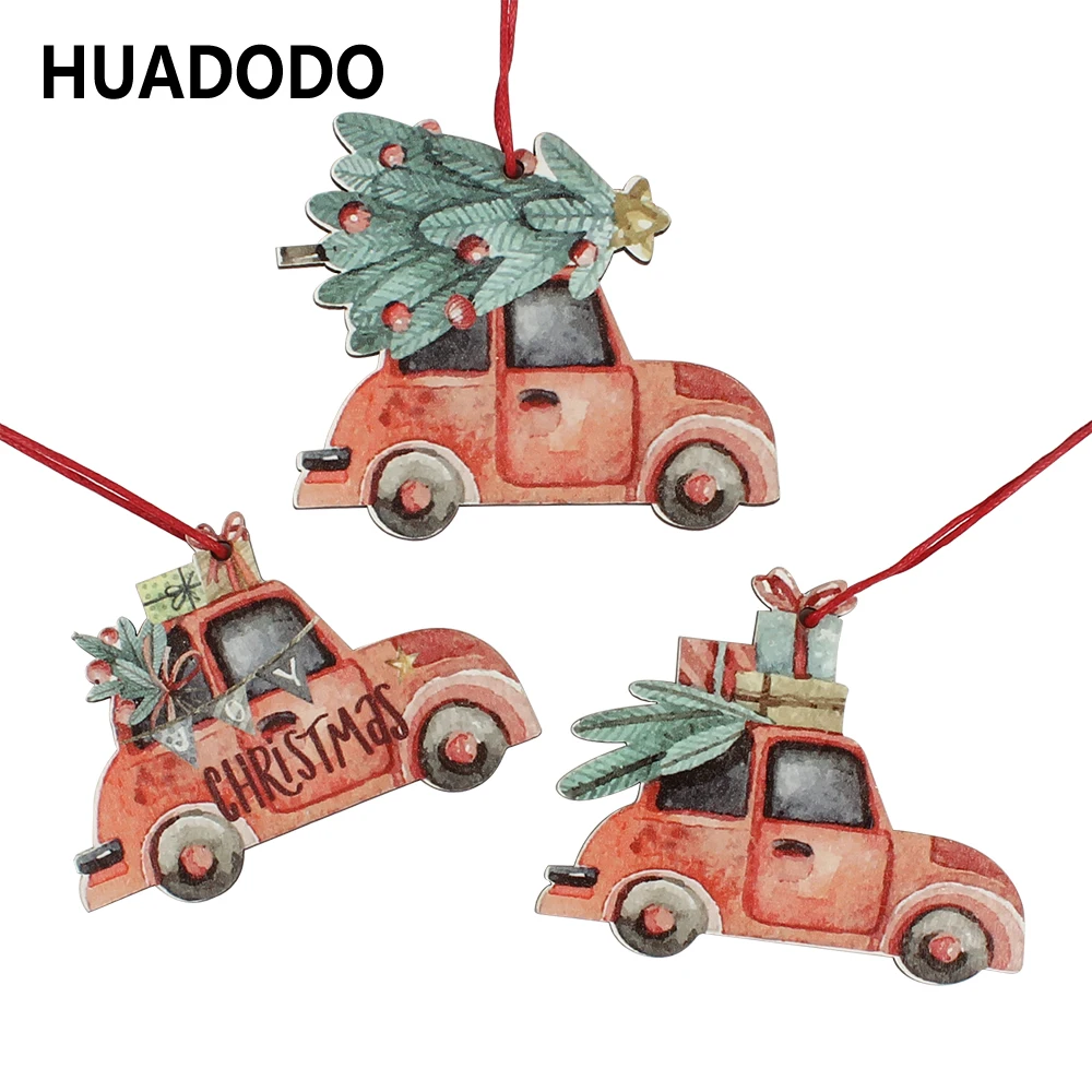 

HUADODO 3Pcs Vintage Christmas Truck with tree Ornaments Wooden Christmas decoration for Xmas tree Ornament Party Kids gift