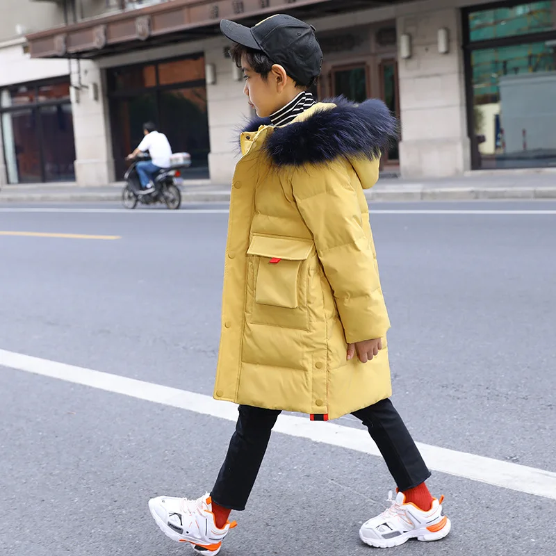 Зимняя куртка для мальчика с капюшоном, плотные теплые пальто с длинными рукавами, белые куртки-пуховики, верхняя одежда, детские пуховики - Цвет: Yellow