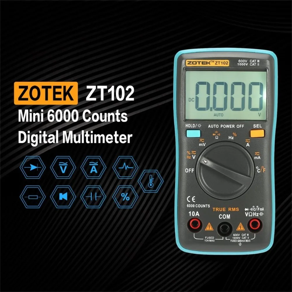 ZOTEK ZT102 мини 6000 отсчетов Автоматический диапазон цифровой мультиметр AC/DC тестер напряжения тока с измерением температуры