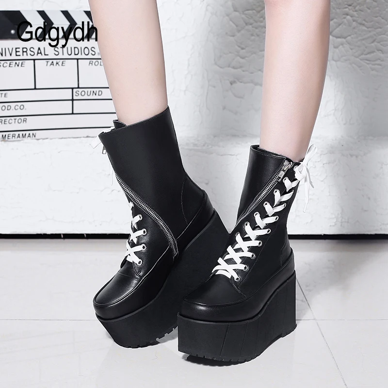 Tanie Gdgydh ręcznie robione buty z prawdziwej skóry kobiet biały wiosna jesień moda na zamek buty motocyklowe kobieta grube dno buty na koturnie