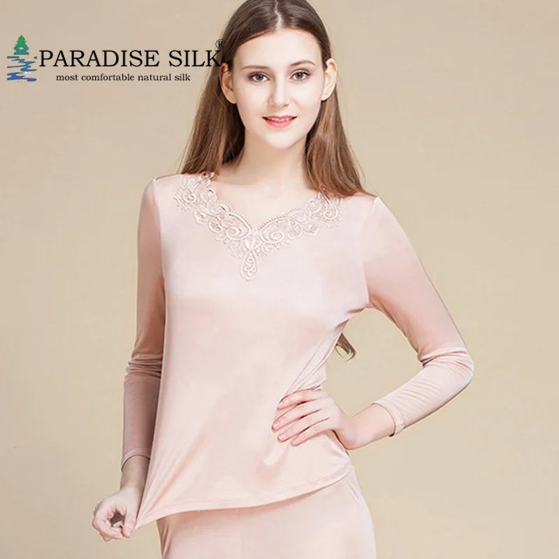 Women's Silk Underwear Set 100 Silk Lace V Neck Long Johns Top And Bottom Set Women Winter