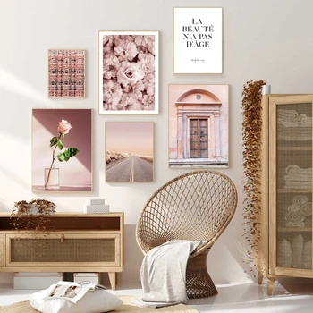 

Pink Door Balcony Flower Poster Nordic Photography Print Landscape Canvas Painting Trendy Artwork Picture Modern Home Decoration