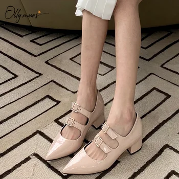 

OllyMurs Fashion Spring Summer Black Pink Women Pumps Shoes Pointed Toe Buckle Chunky Mid Heel Ladies Pumps Party Shoes Woman