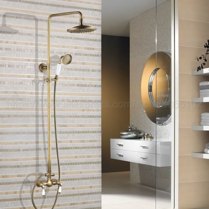Wall Mounted 8" Shower Head Rainfall Faucet Set with Handheld Antique Brass Finish In-wall Mixer Taps zan118 | Обустройство дома