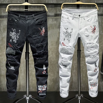 

Men Slim Denim Trousers Biker High Quality Male Casual Designer Ripped Comfortable Advanced Printing Black White Fashion