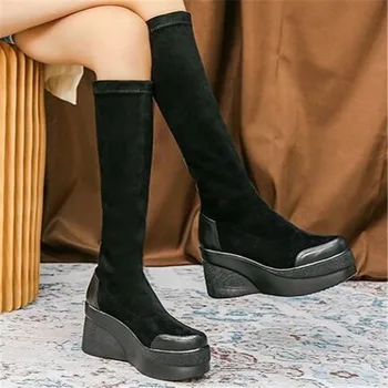 

2020 New long boots high heels shoes round toe women ankle boots platform wedges women fashion knee high elastic boots black