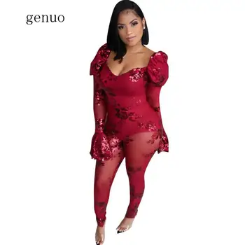 

Red Sequin Sexy Sheer Mesh Tight Jumpsuits For Women 2020 Flare Sleeve See Through Party Club Rompers Bodycon Jumpsuit