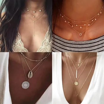 

Multilayer Gold Necklaces for Women Kolye Fashion Moon Star Crystal Chain Necklaces & Pendants Boho Choker Jewelry