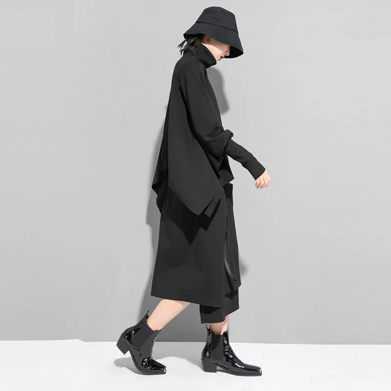 Harajuku Весенняя корейская модная женская одежда, водолазка с рукавами «летучая мышь», черный пуловер, свободный негабаритный Асимметричный свитер