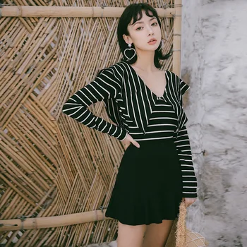 

Swimsuits Women Summer 2020 Rash Guard Swimsuit Whole Rashguard White Stripe Dress Long Sleeve Lapel Swimwear Striped Polyester