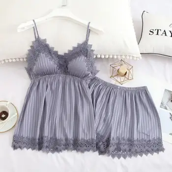 

Fiklyc Summer Ice Silk Suspender Shorts Suit Female Sense With Chest Pad Home Service Thin Section Sexy Lace Gathered