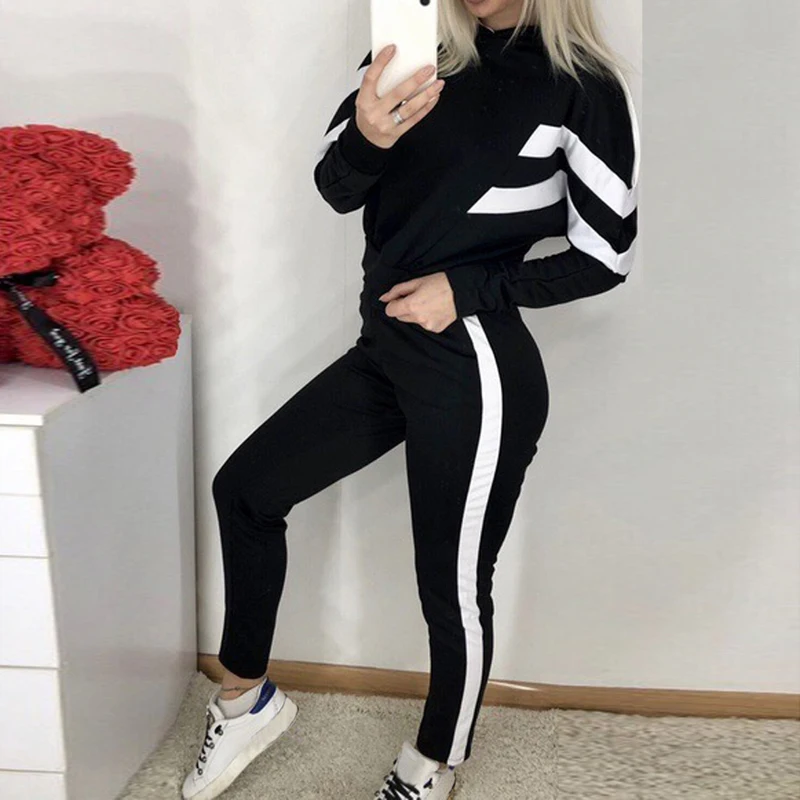 2 Piece Set Women Hoodies Tracksuit Autumn Roupas Feminina Sport Suit Fashion Gym Outfits Striped Sportwear Jogging Femme