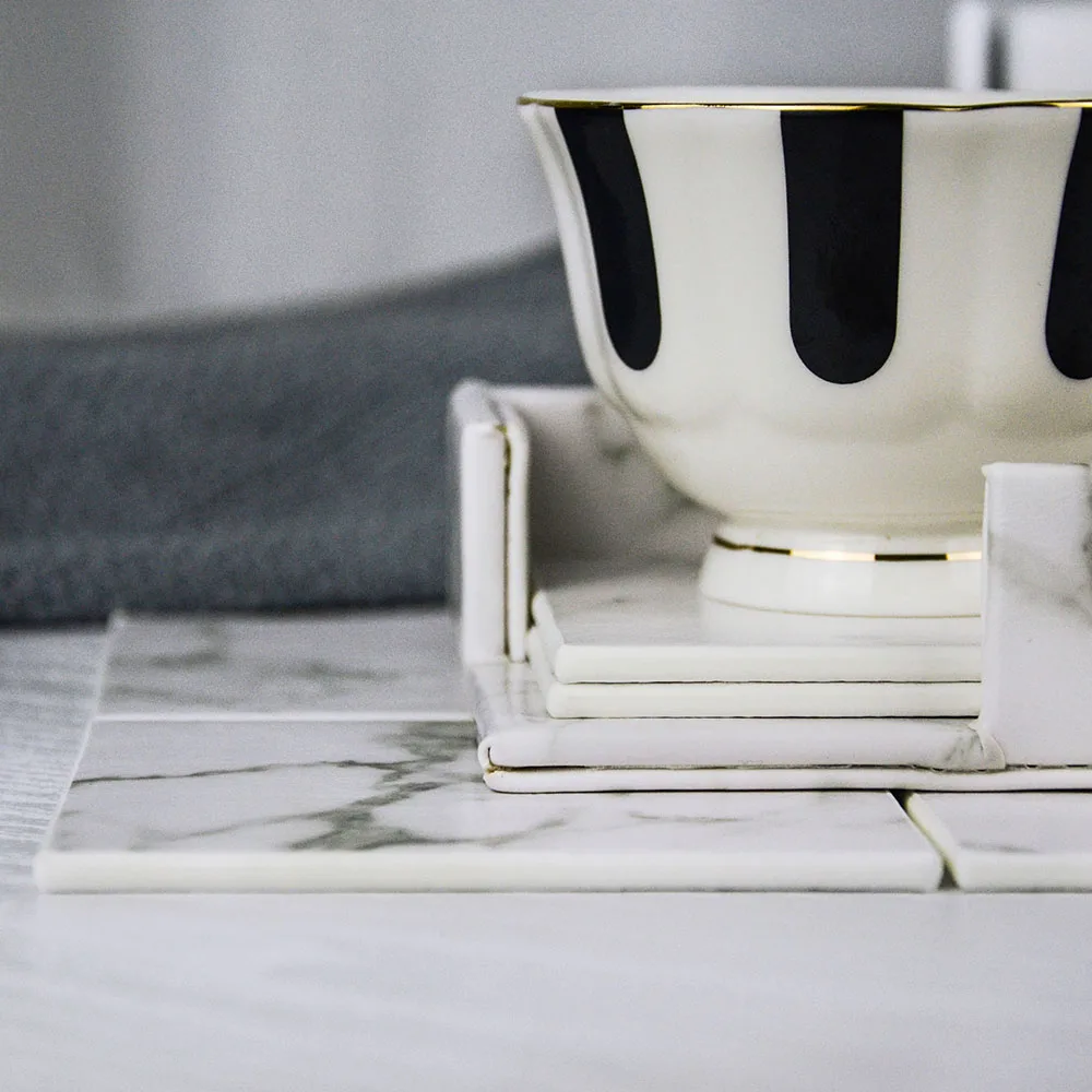  PU Leather Marble Coaster Set Drink Coffee Cup Mat Tea Pad Dining Table Placemats Table Black White