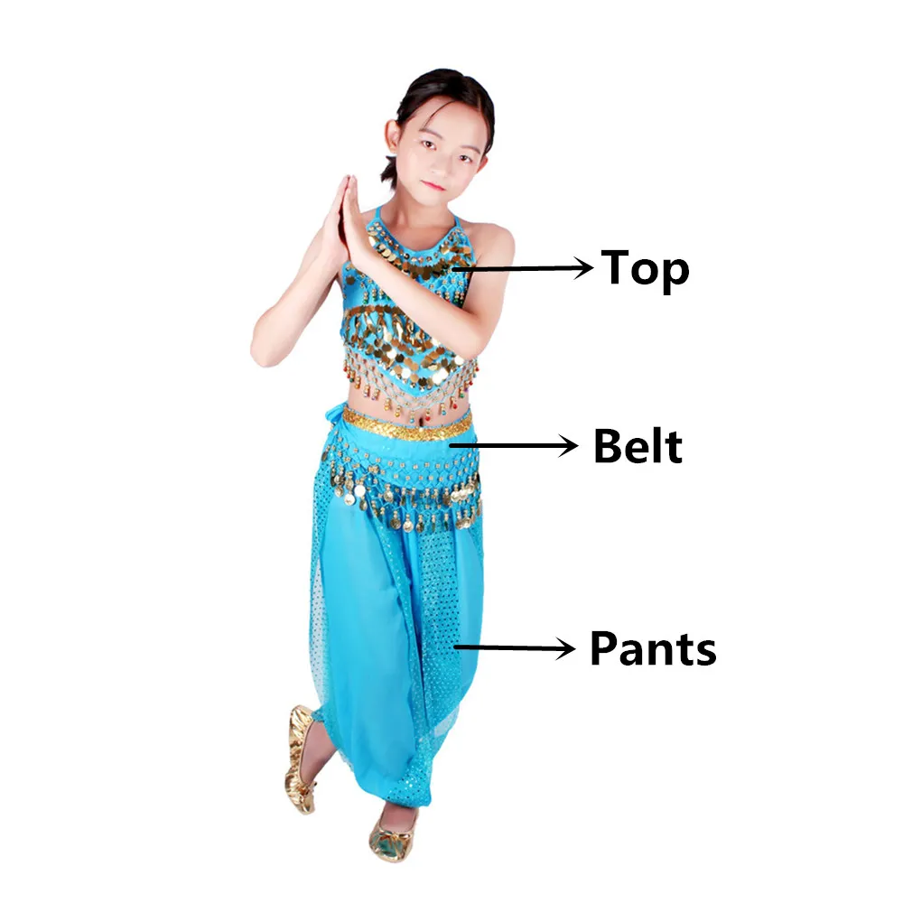 Ocean Blue 3pcs Костюмы для танца живота, для детей, для восточных танцев, для девочек, для танца живота, индийский комплект для танца живота, одежда для танца живота, для детей, индийский, 6 цветов - Color: Ocean Blue 3pcs